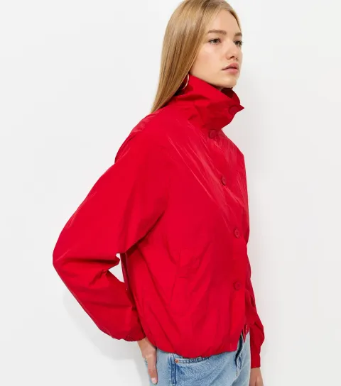 Women's Bright Red Button Front Short Windbreaker Jacket