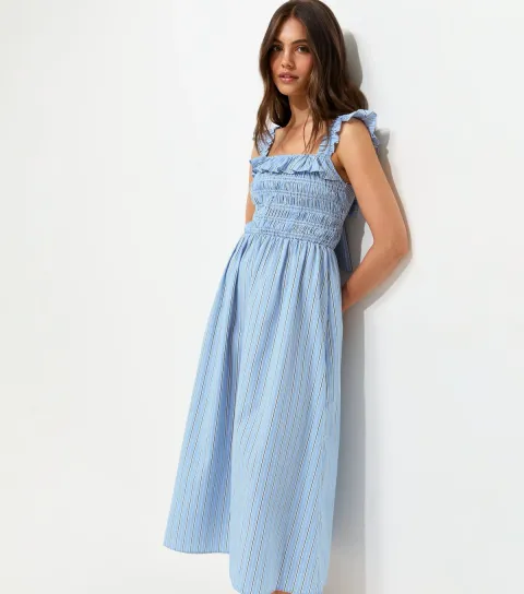 Women's Blue Cotton Stripe Print Tie Back Shirred Midi Dress