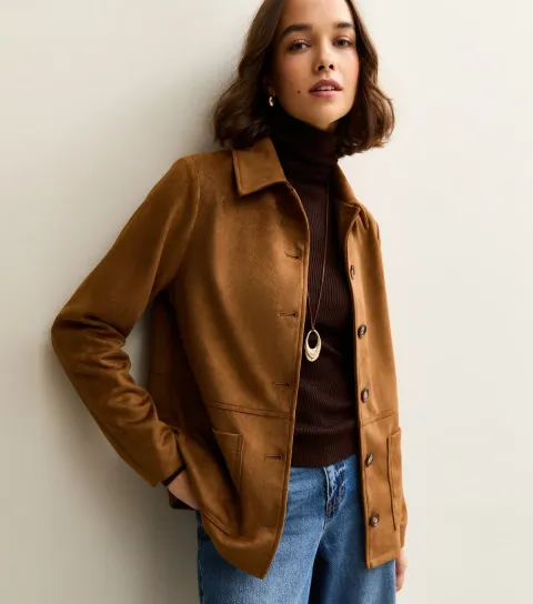 New Look Women's Tan Faux Suede Button Front Jacket