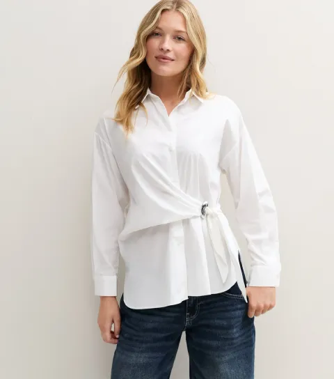New Look Women's White Cotton Poplin Abstract Buckle Tie Shirt