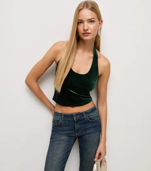 Women's Dark Green Velvet Scoop Halter Neck Crop Top