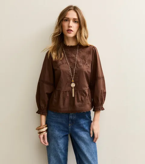 Women's Dark Brown Embroidered 3/4 Sleeve Blouse