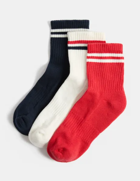 Goodmove 3 Pack Striped Mid Crew Sports Socks Navy Mix