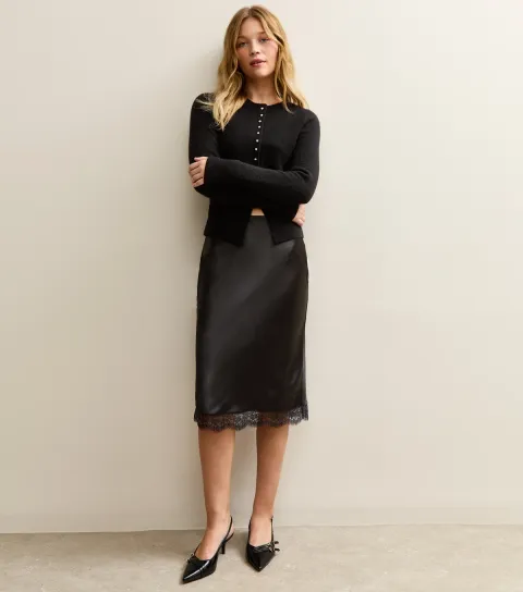 New Look Women's Black Satin Lace Trim Skirt