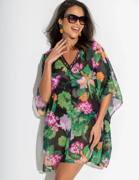 Pour Moi Chiffon V Neck Embellished Kaftan Black Mix