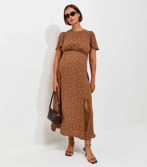Women's Maternity Brown Floral Print Lace Trim Midi Dress
