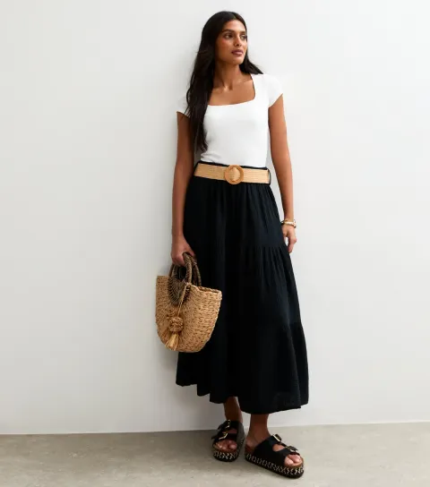 Gini London Women's Black Belted Tiered Maxi Skirt