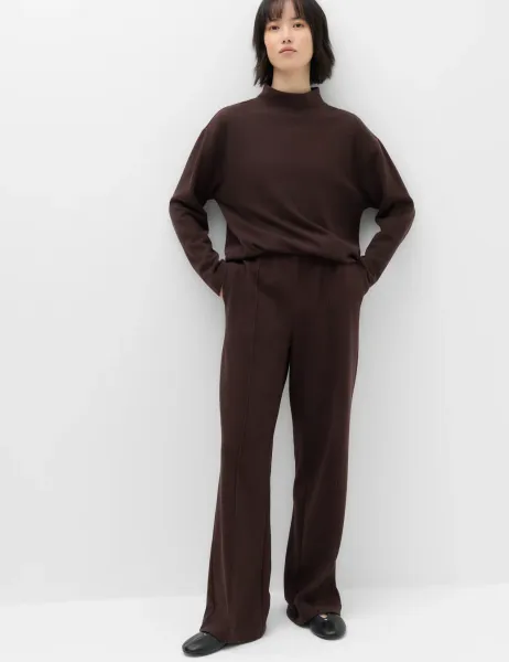 Marks & Spencer Cotton Rich Pintuck Wide Leg Trousers Bitter Chocolate