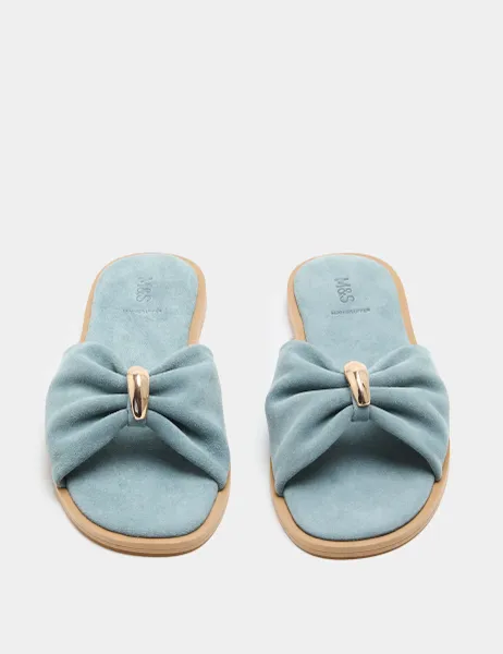 Marks & Spencer Suede Gold Trim Flat Mules Light Blue
