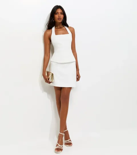 Women's Off White Halterneck Peplum Mini Dress