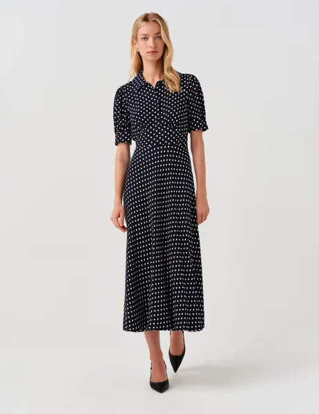 Ghost Polka Dot Midi Waisted Dress Navy Mix