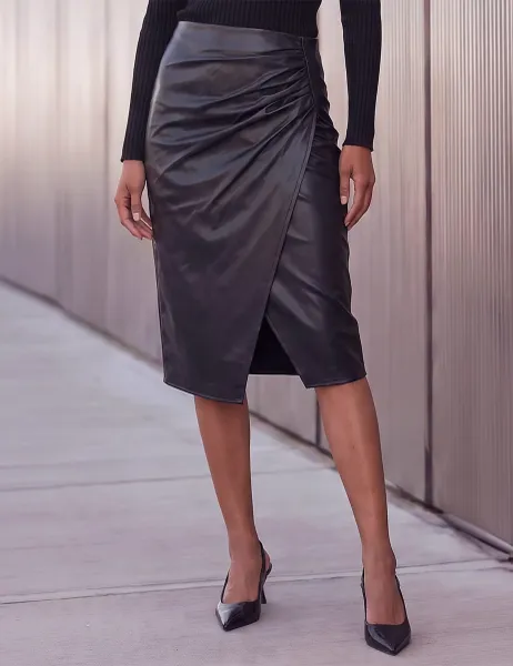 Roman Leather Look Ruched Wrap Skirt Black