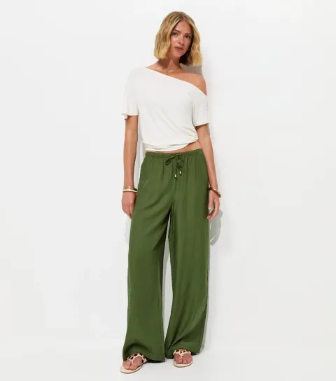 New Look Women's Light Khaki Crinkle Wide Leg Trousers