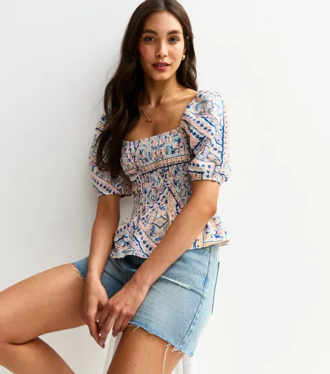 Women's Blue Scarf Print Shirred Top