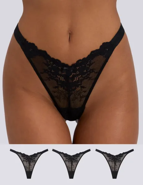 Boux Avenue 3 Pack Fran Lace Thongs Black