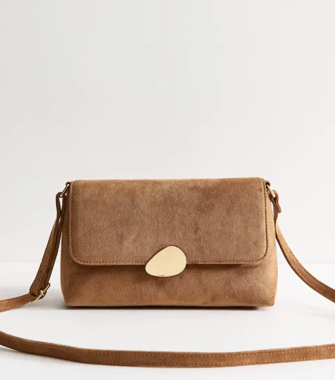 Tan Faux Suede Pebble Clasp Crossbody Bag