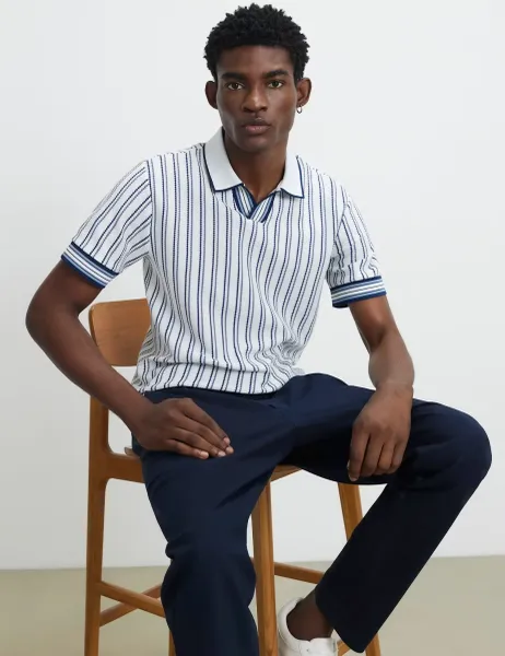 River Island Striped Open Neck Knitted Polo Shirt White Mix