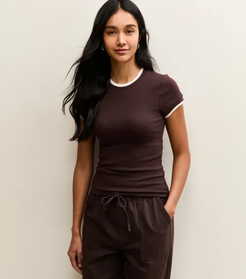 Women's Brown Contrast Edge Baby Tee