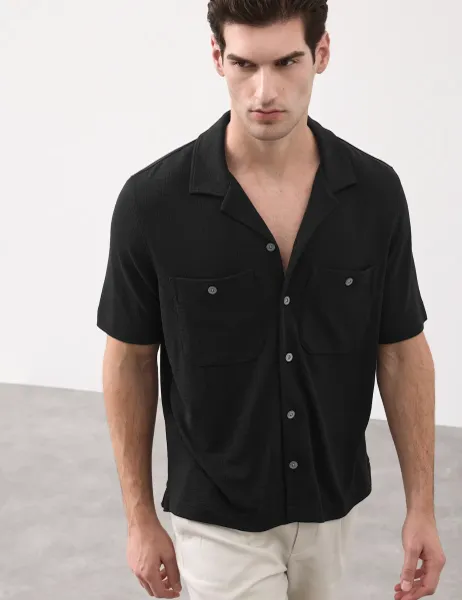Autograph Relaxed Fit Modal Rich textured Button Through Polo Black