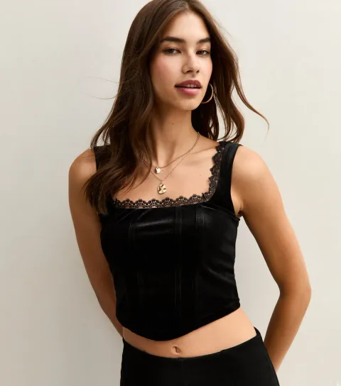 Women's Black Lace Trimmed Velvet Corset Top