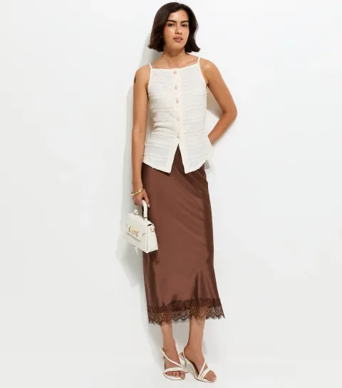Women's Dark Brown Satin Lace Hem Midi Skirt