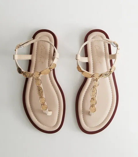 Women's Off White Gold Coin Trim Toe Post Sandals Vegan