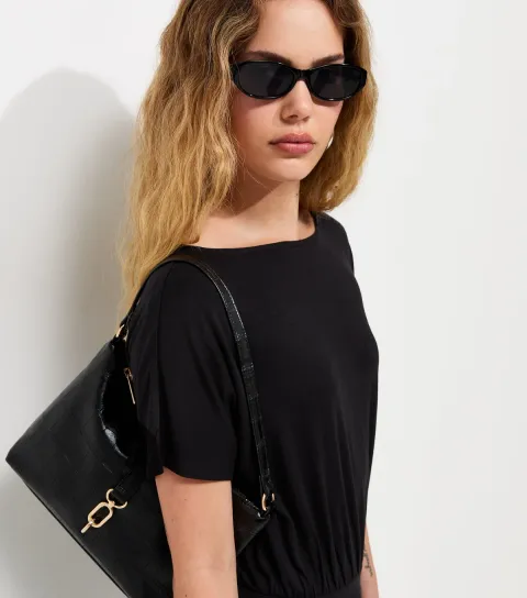 Women's Black Jersey Draped Wide Waistband Top