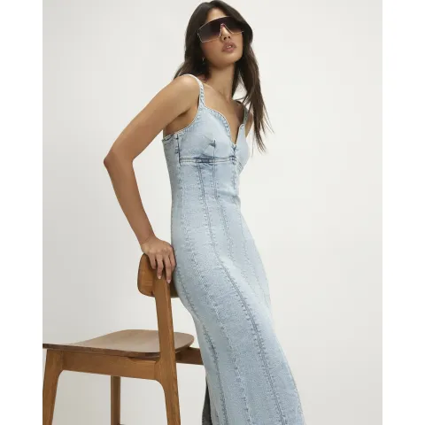 River Island Plunge Neckline Bodycon Denim Dress