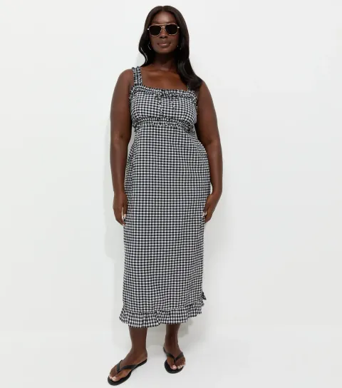Women's Plus Size Black Frilly Gingham Midi Dress Curves