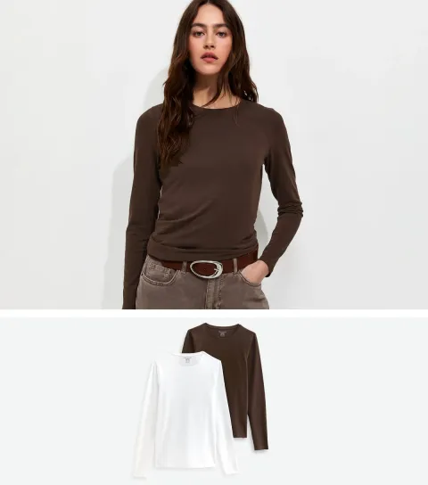 New Look Women's Brown and White Pack Of 2 Long Sleeve Crew Neck T-Shirts