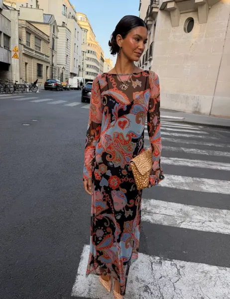 Never Fully Dressed Mesh Paisley Slash Neck Midaxi Dress Multi