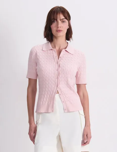Sportscraft Pure Cotton Short Sleeve Cable Knitted Top Pink