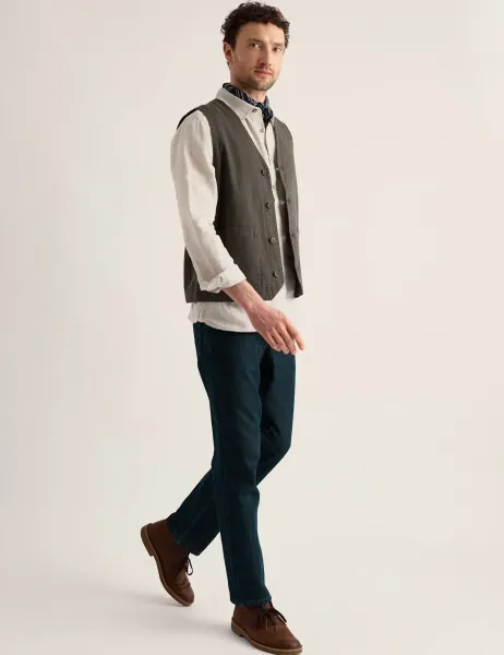 Seasalt Cornwall Linen Rich Herringbone Waistcoat Khaki