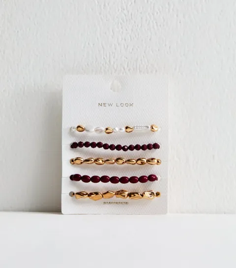 Gold Pack of 5 Faux Pearl Beaded Bracelets