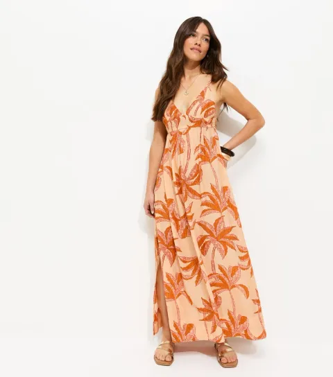 Women's Petite Orange Palm Tree Print Maxi Beach Dress