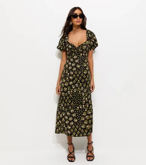 Women's Black Floral Sweetheart Neck Midi Dress