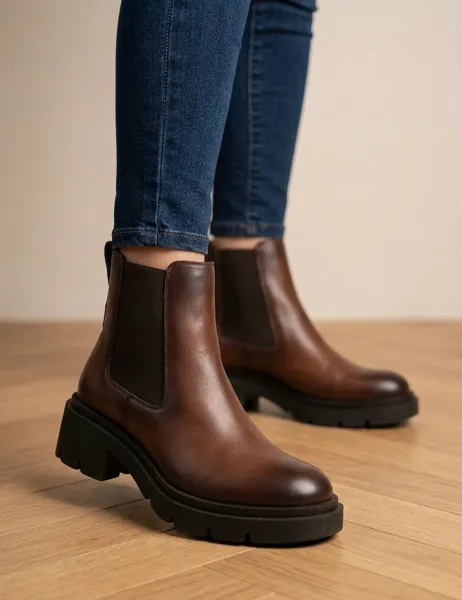 Jones Bootmaker Leather Chelsea Block Heel Ankle Boots Brown