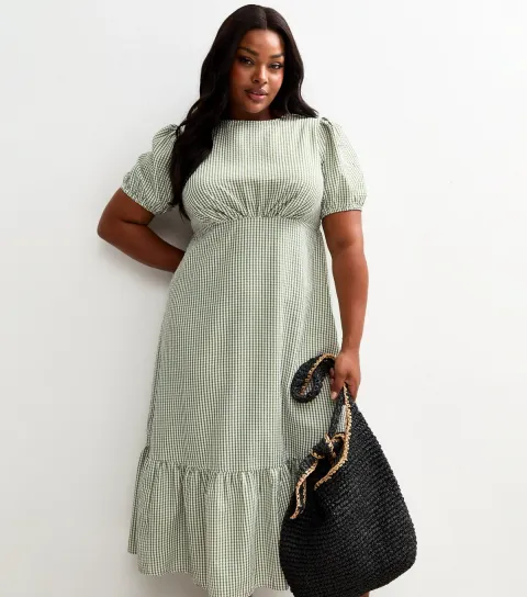 New Look Women's Plus Size Green Gingham Midi Dress Curves