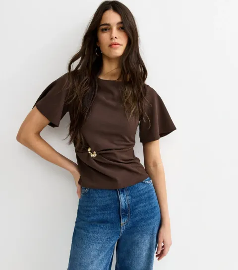 Women's Dark Brown Gathered Waist Corset T-Shirt