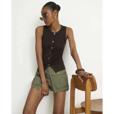 River Island Cotton Blend Gold Button Tank Top