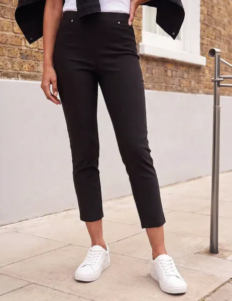 Roman Elasticated Waist Cropped Trousers with Stretch Black