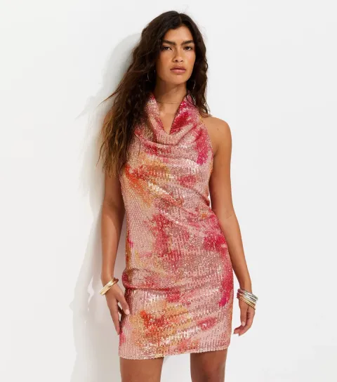 Women's Pink Sequin Embellished Patterned Cowl Neck Mini Dress