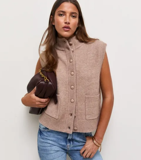 New Look Women's Mink Knitted Funnel Neck Waistcoat with Wool