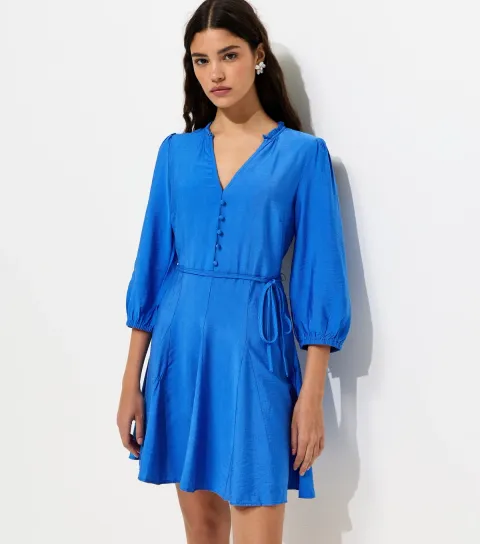Women's Bright Blue Godet Skirt Belted Mini Shirt Dress