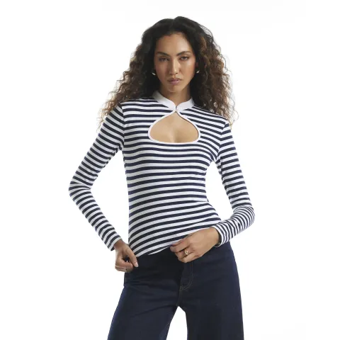 River Island Cotton Blend Stripe Keyhole Top