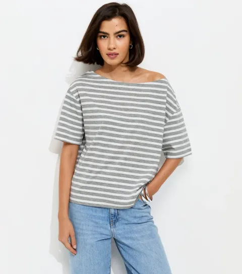 Women's Grey Striped Jersey Off The Shoulder Top