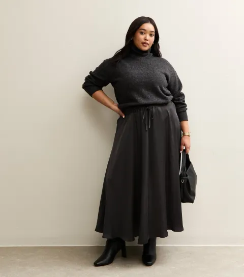 Women's Plus Size Black Satin Gathered Midi Skirt Curves
