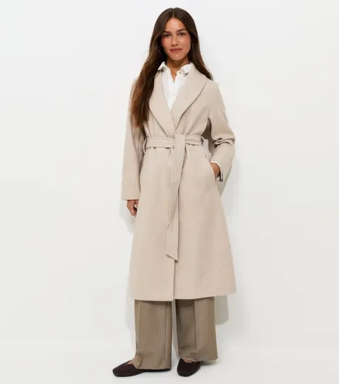 Women's Petite Oatmeal Shawl Collar Belted Coat