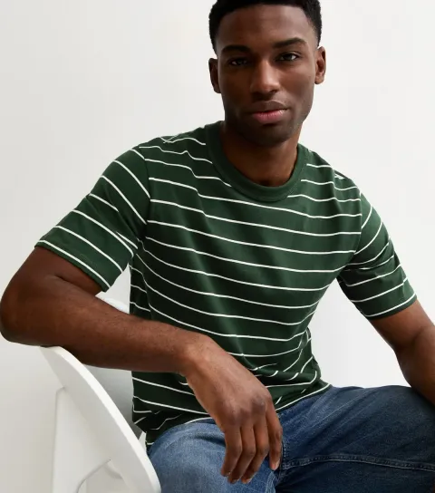 Men's Dark Green Short Sleeve Stripe T-Shirt
