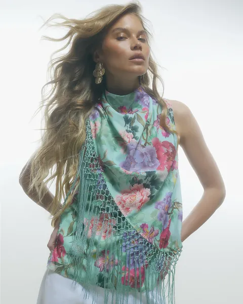 River Island Floral Tassel Cowl Neck Tank Top